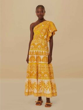 FARM Rio Yellow Ainika Tapestry One Shoulder Maxi Dress